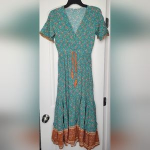 Floral Midi Dress in Teal and Orange